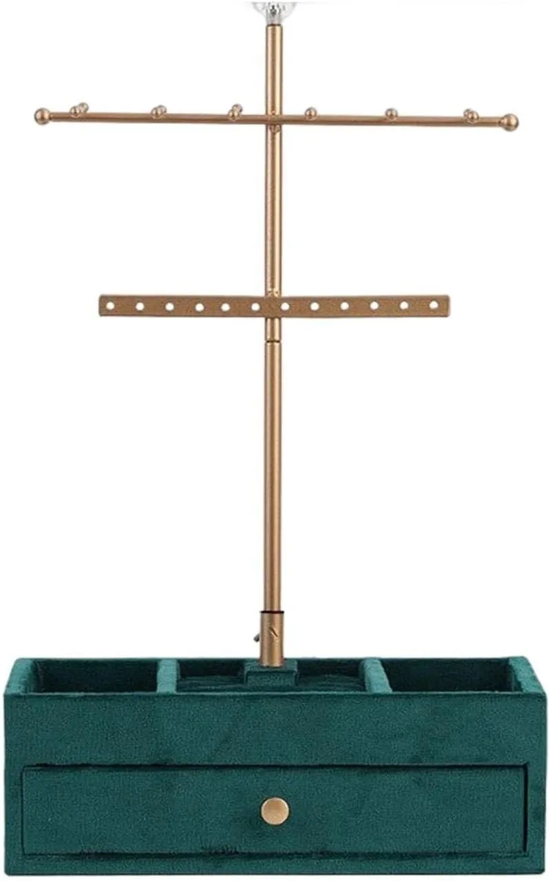 Jewelry Tower With Drawer, Metal Jewelry Stand For Earrings, Bracelets, Rings, And Watches coastal Table Top 2 Tiers T-Bar 