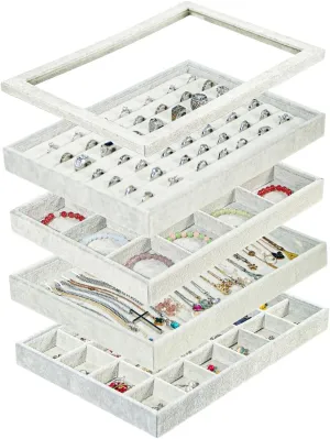 Jewelry Tray with Lid, Large Jewelry Storage Case for Rings Earrings Necklaces Bracelets, Multi-Layer Jewellery Organizer Box for Home or Selling Show inclination atrophy rank botany 4pcs/Set Stackable Grey Beige Velvet 