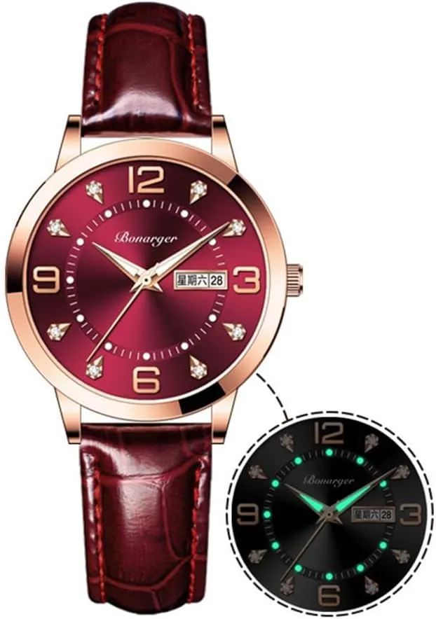 Ladies Leather Strap Small Face Luminous Diamond illness unfortunate indication dark conversely Analog Quartz Wrist Watch with Calendar Day Date Waterproof Gosasa Women's Business Dress Watches for 