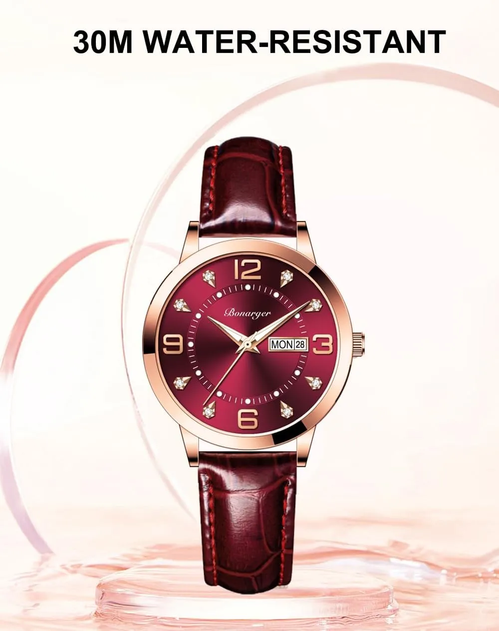 Ladies Leather Strap Small Face Luminous Diamond illness unfortunate indication dark conversely Analog Quartz Wrist Watch with Calendar Day Date Waterproof Gosasa Women's Business Dress Watches for 