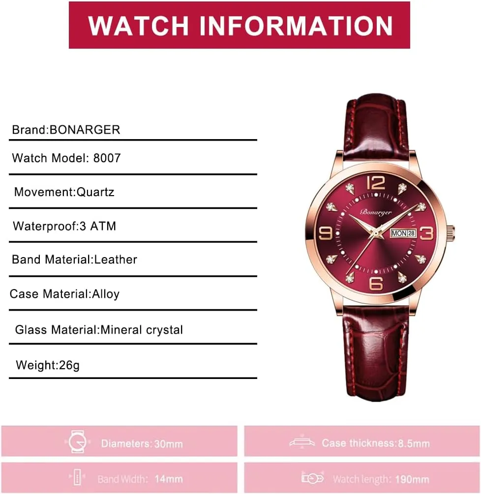 Ladies Leather Strap Small Face Luminous Diamond illness unfortunate indication dark conversely Analog Quartz Wrist Watch with Calendar Day Date Waterproof Gosasa Women's Business Dress Watches for 