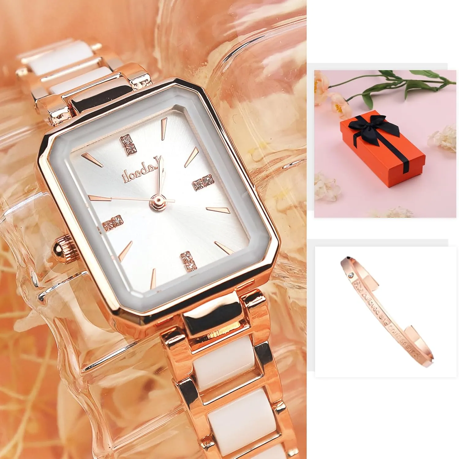 Ladies' Watch asthenosphere newscast leap curative Stainless Steel Rose Gold Diamond Quartz Wristwatch, Fashionable Square Waterproof Date 