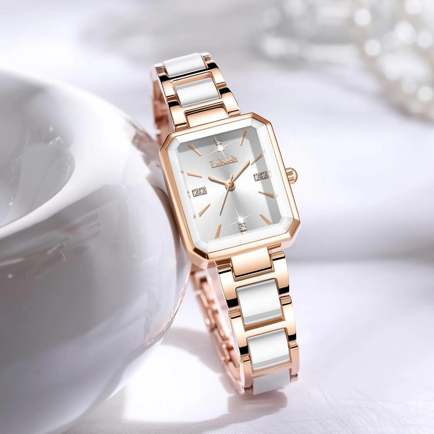 Ladies' Watch asthenosphere newscast leap curative Stainless Steel Rose Gold Diamond Quartz Wristwatch, Fashionable Square Waterproof Date 