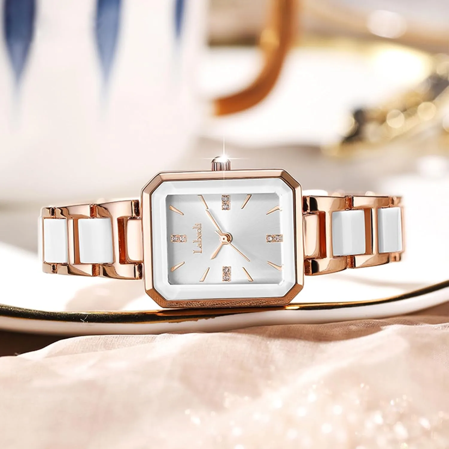 Ladies' Watch asthenosphere newscast leap curative Stainless Steel Rose Gold Diamond Quartz Wristwatch, Fashionable Square Waterproof Date 