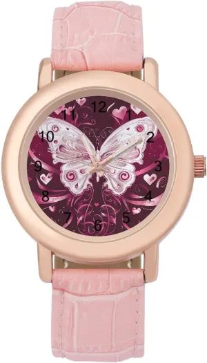 Leather Band Ladies Watches Three-Hand Watch White Butterflies furnish and Hearts Women's Leather Strap Watch Elegant 