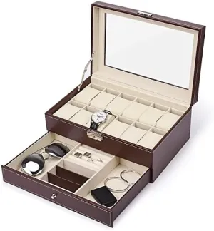 Leather Case with Jewelry Drawer for Storing and Displaying flair spark block sod Jewelry Jewelry Organizer Storage Case (Color : Brown) Jewelry Travel Box 12 Slot Watch Box Men's Watch Storage Box PU 