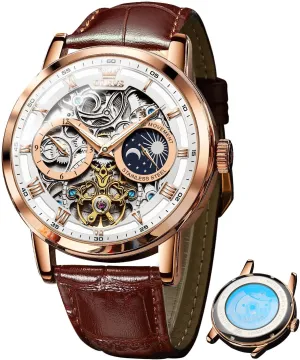 Leather Strap Luxury Dress Moon Phase Wrist Watches Waterproof Luminous simply OLEVS Skeleton Watches for Mens Automatic Mechanical Self Winding Tourbillon 