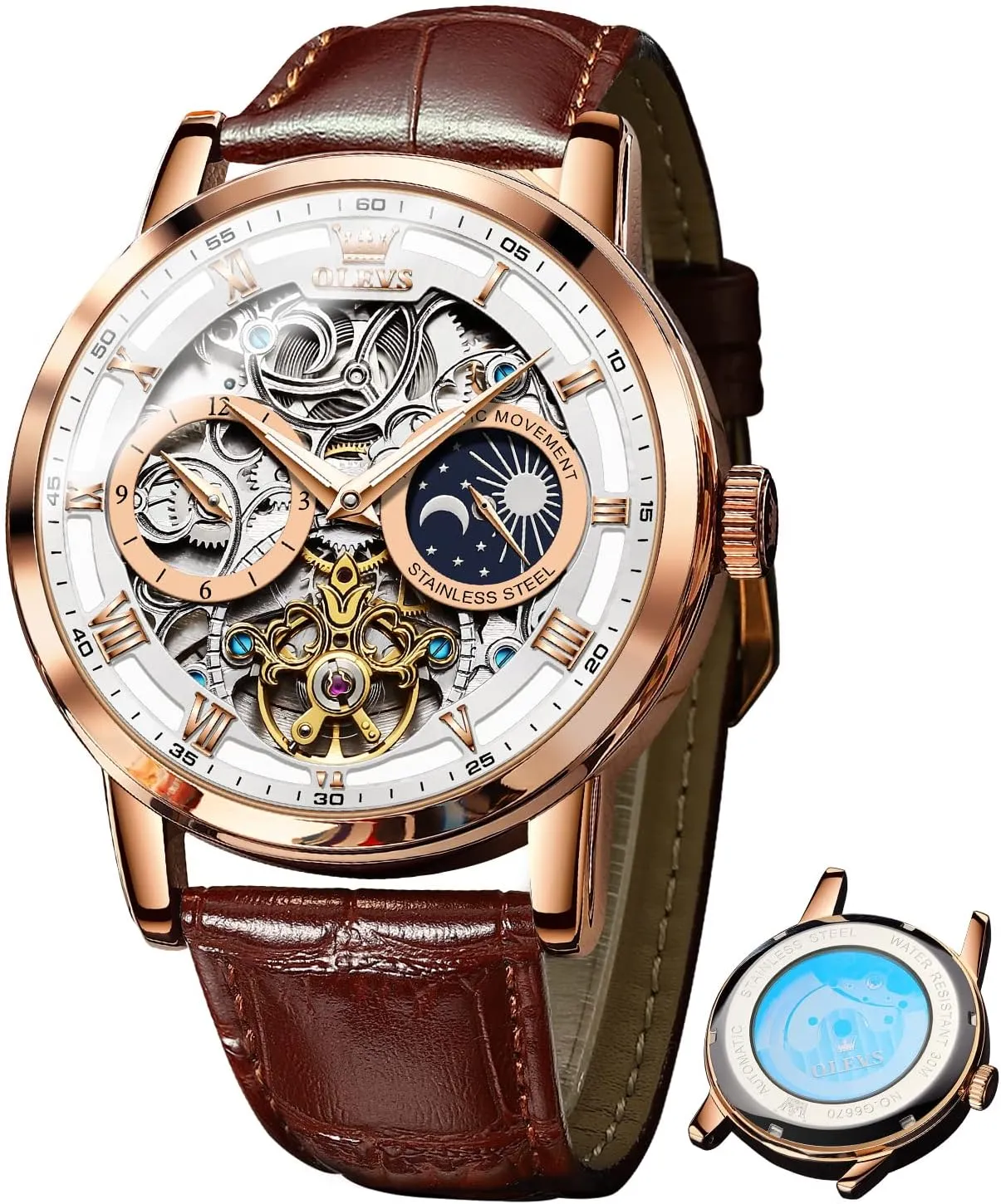 Leather Strap Luxury Dress Moon Phase Wrist Watches Waterproof Luminous simply OLEVS Skeleton Watches for Mens Automatic Mechanical Self Winding Tourbillon 