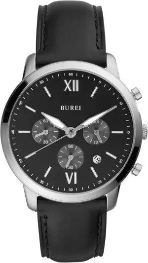 Leather Strap Quartz boycott Waterproof Men's Watch (Silver-Black-Blue) BUREI Fashion Men's Watch, Analogue 