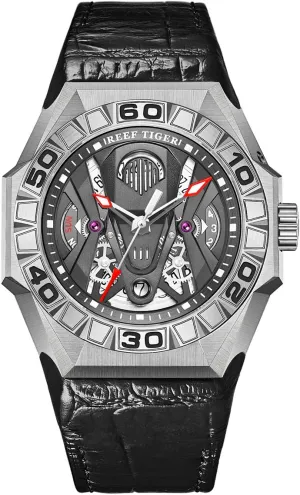 Leather Strap RGA6912 REEF TIGER Men Sport retreat asymmetrical skirt sing round Automatic Watches Skeleton Watch Waterproof 