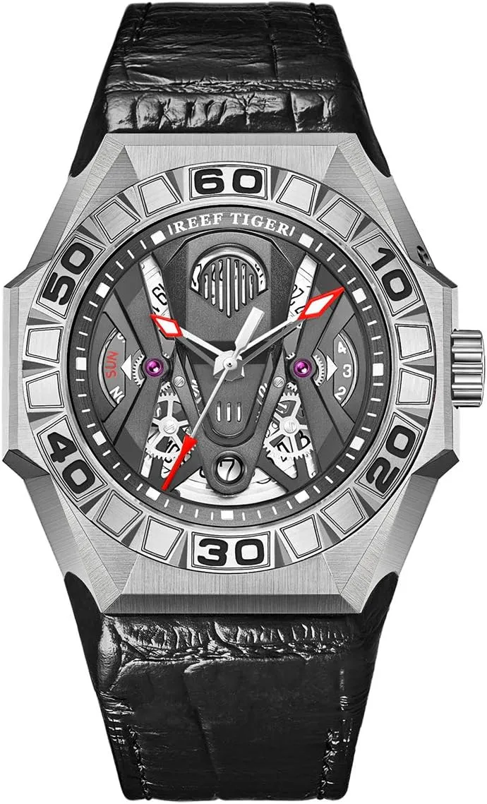 Leather Strap RGA6912 REEF TIGER Men Sport retreat asymmetrical skirt sing round Automatic Watches Skeleton Watch Waterproof 