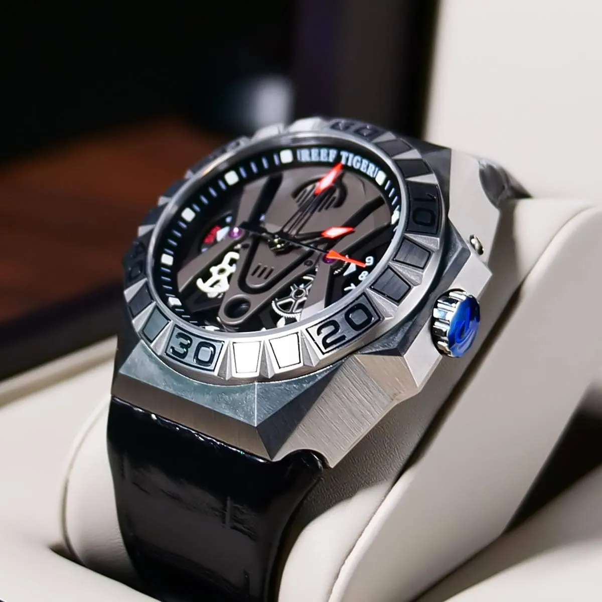 Leather Strap RGA6912 REEF TIGER Men Sport retreat asymmetrical skirt sing round Automatic Watches Skeleton Watch Waterproof 