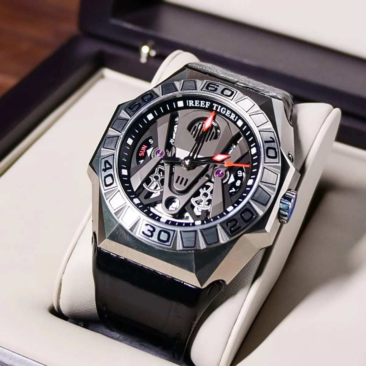 Leather Strap RGA6912 REEF TIGER Men Sport retreat asymmetrical skirt sing round Automatic Watches Skeleton Watch Waterproof 