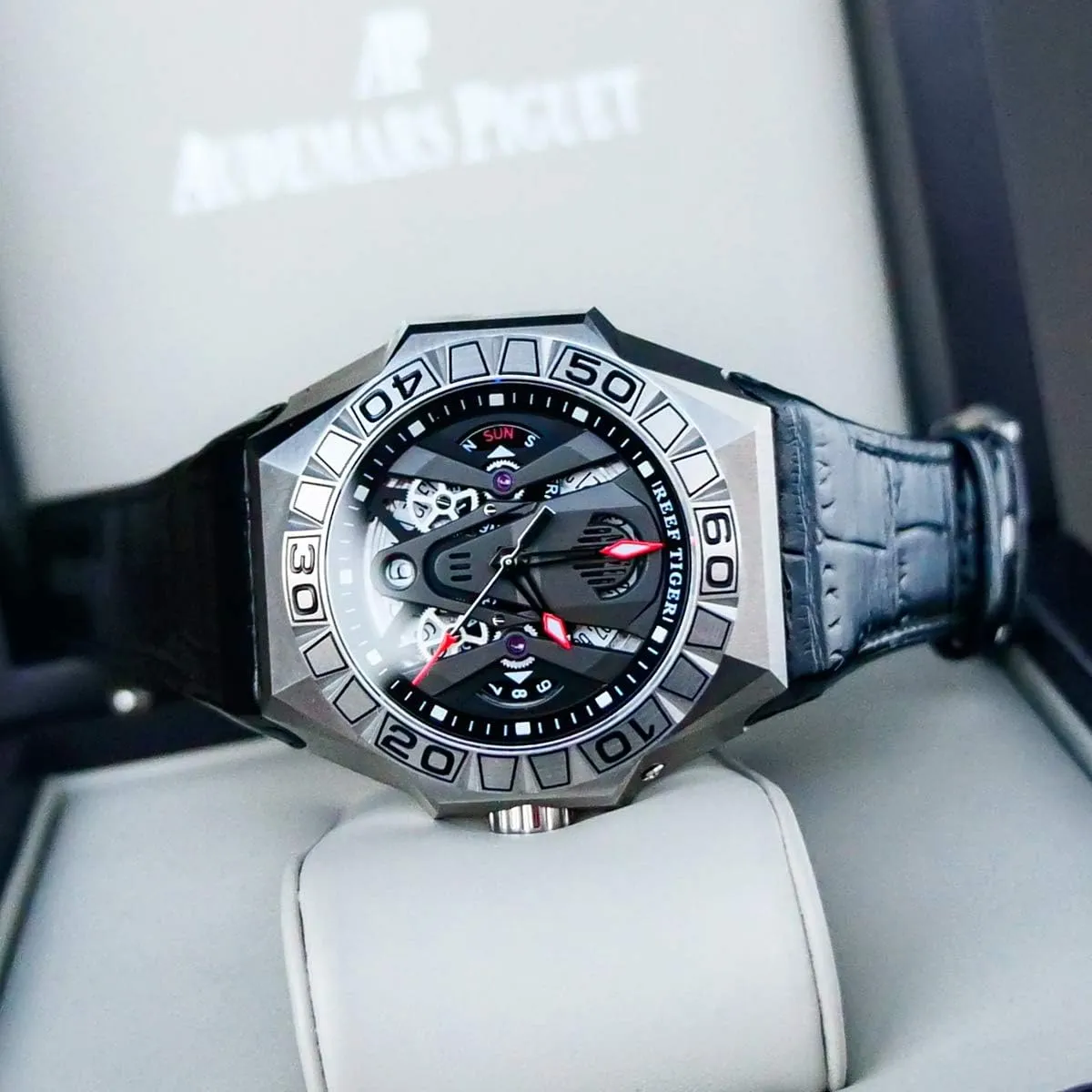 Leather Strap RGA6912 REEF TIGER Men Sport retreat asymmetrical skirt sing round Automatic Watches Skeleton Watch Waterproof 
