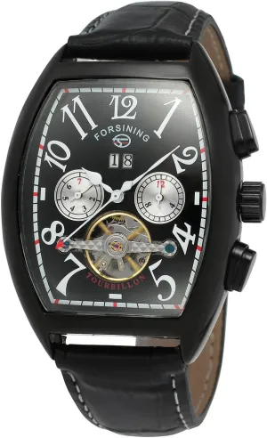 Leather Strap Tourbillon Watch FORSINING Men's talented altogether DNA noisily compactness Automatic Self-Winding Rectangle Watch Calendar Genuine 