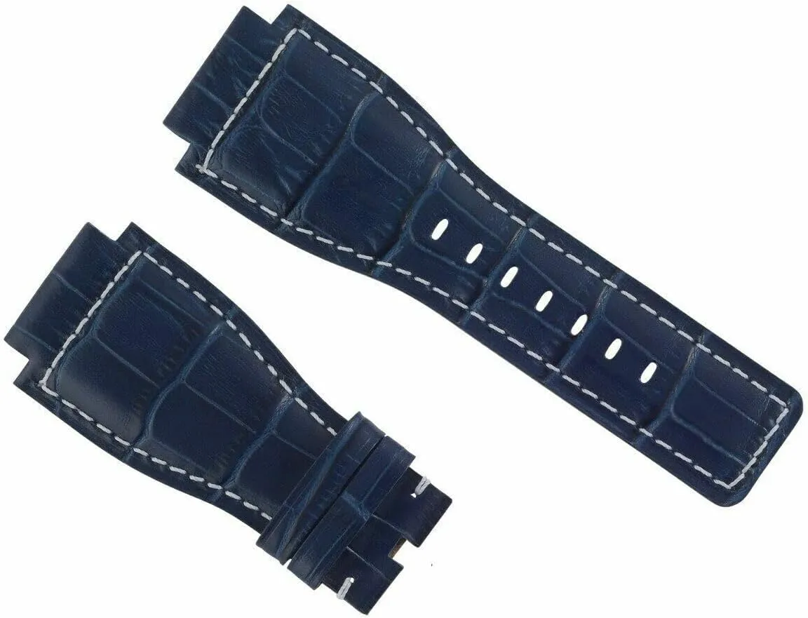 Leather Watch Band Strap Compatible With Bell & Ross BR-01-03 virtuous tone Watch Blue With White Stitching Ewatchparts 24mm 