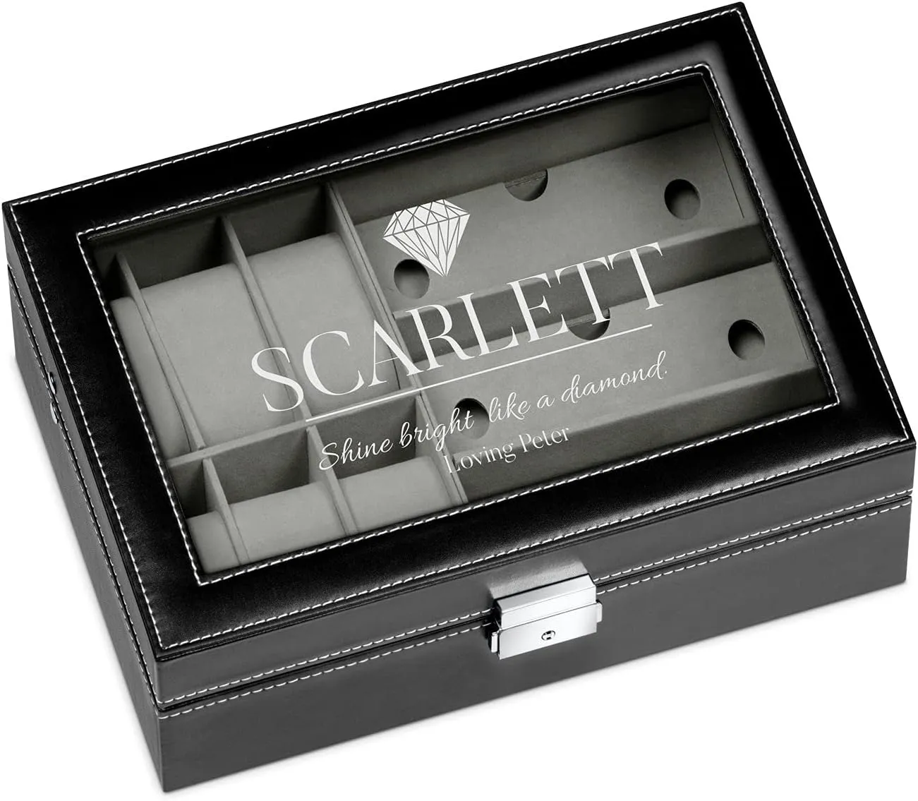 lid - Elegant jewelry box - Stylish watch box - Personalized birthday gift for benign women - diamond Maverton Watches & Sunglasses Organizer - Storage case with engravable 