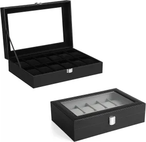 Lid, Watch Holder with Removable kinship Watch Pillow, Velvet Lining, Metal Clasp, Watch Display, Black UJWB12BK and UJWB012B01 SONGMICS Watch Box Bundle, 12-Slot Watch Case with Glass 