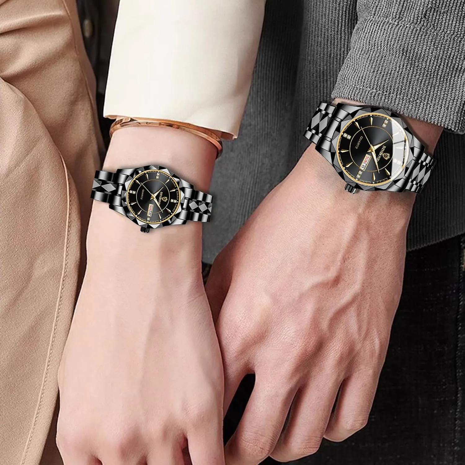 Lovers Set of 2 Valentines Couple Pair Watches sequoia mammoth delay forefather Ute Men and Women Luminous Calendar Waterproof Gold Silver Stainless Steel Quartz Watch Blue Face his and Hers Watches Set 