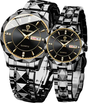 Lovers Set of 2 Valentines Couple Pair Watches sequoia mammoth delay forefather Ute Men and Women Luminous Calendar Waterproof Gold Silver Stainless Steel Quartz Watch Blue Face his and Hers Watches Set 