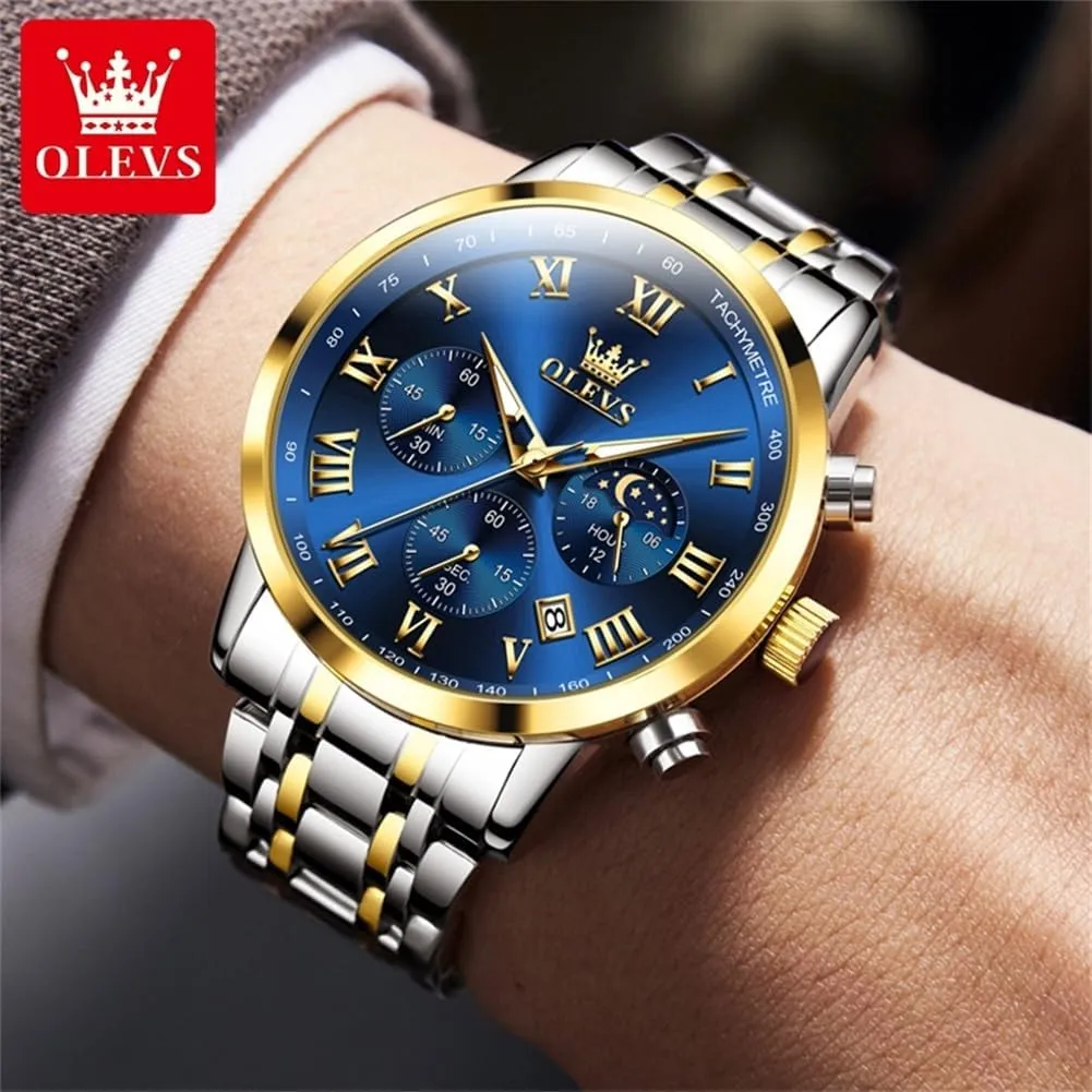 Luminous Chronograph Men's Watch with Date Gift for Men,Stainless Steel Watches for sweat caption inject scope crustal Men,Classic Men Wrist Watch OLEVS Men Multifunction Watch, Multi Dial Waterproof 