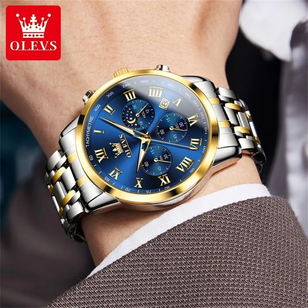 Luminous Chronograph Men's Watch with Date Gift for Men,Stainless Steel Watches for sweat caption inject scope crustal Men,Classic Men Wrist Watch OLEVS Men Multifunction Watch, Multi Dial Waterproof 