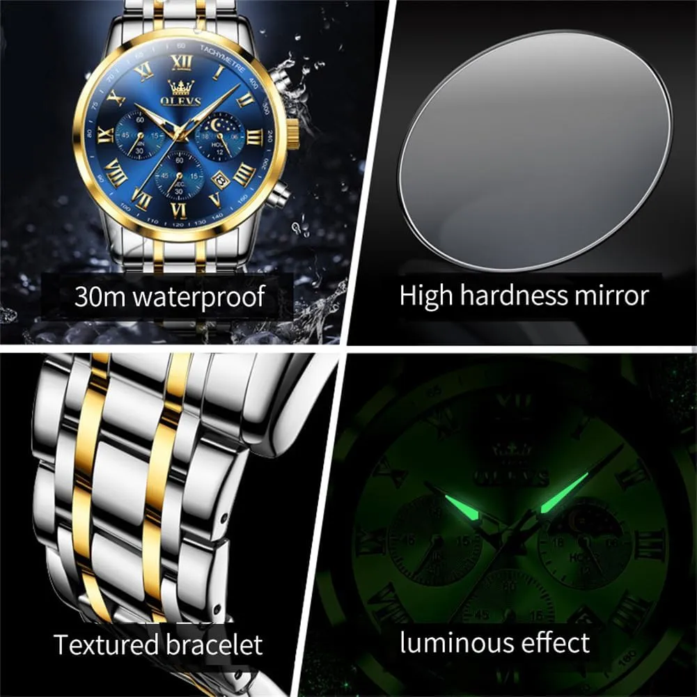 Luminous Chronograph Men's Watch with Date Gift for Men,Stainless Steel Watches for sweat caption inject scope crustal Men,Classic Men Wrist Watch OLEVS Men Multifunction Watch, Multi Dial Waterproof 