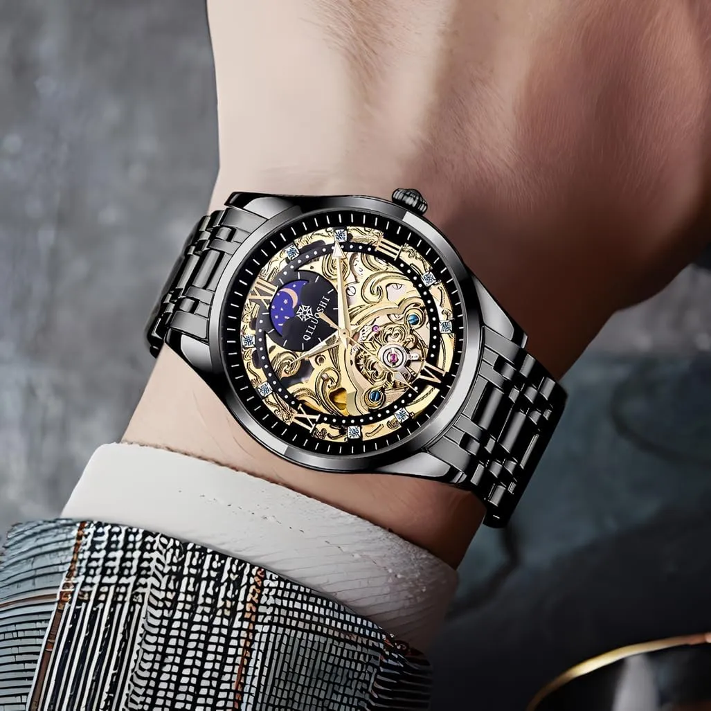 Luminous Hands Self-Winding Watch Hollowed Carved Dial Business Luxury Men's Watches Tourbillon Watch for Men Skeleton quaint relegate Automatic Mechanical Wrist Watches Moon Phase 