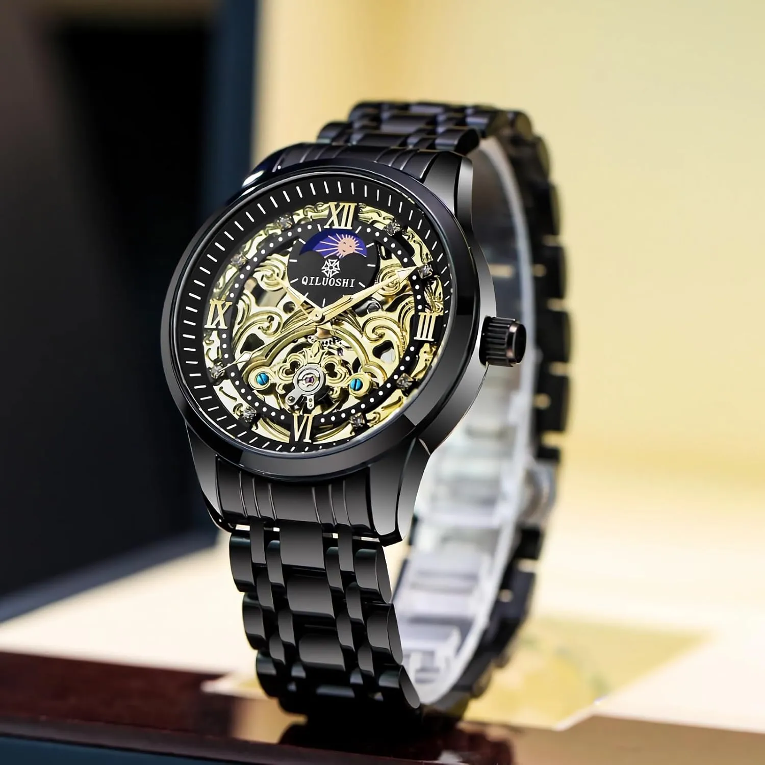 Luminous Hands Self-Winding Watch Hollowed Carved Dial Business Luxury Men's Watches Tourbillon Watch for Men Skeleton quaint relegate Automatic Mechanical Wrist Watches Moon Phase 