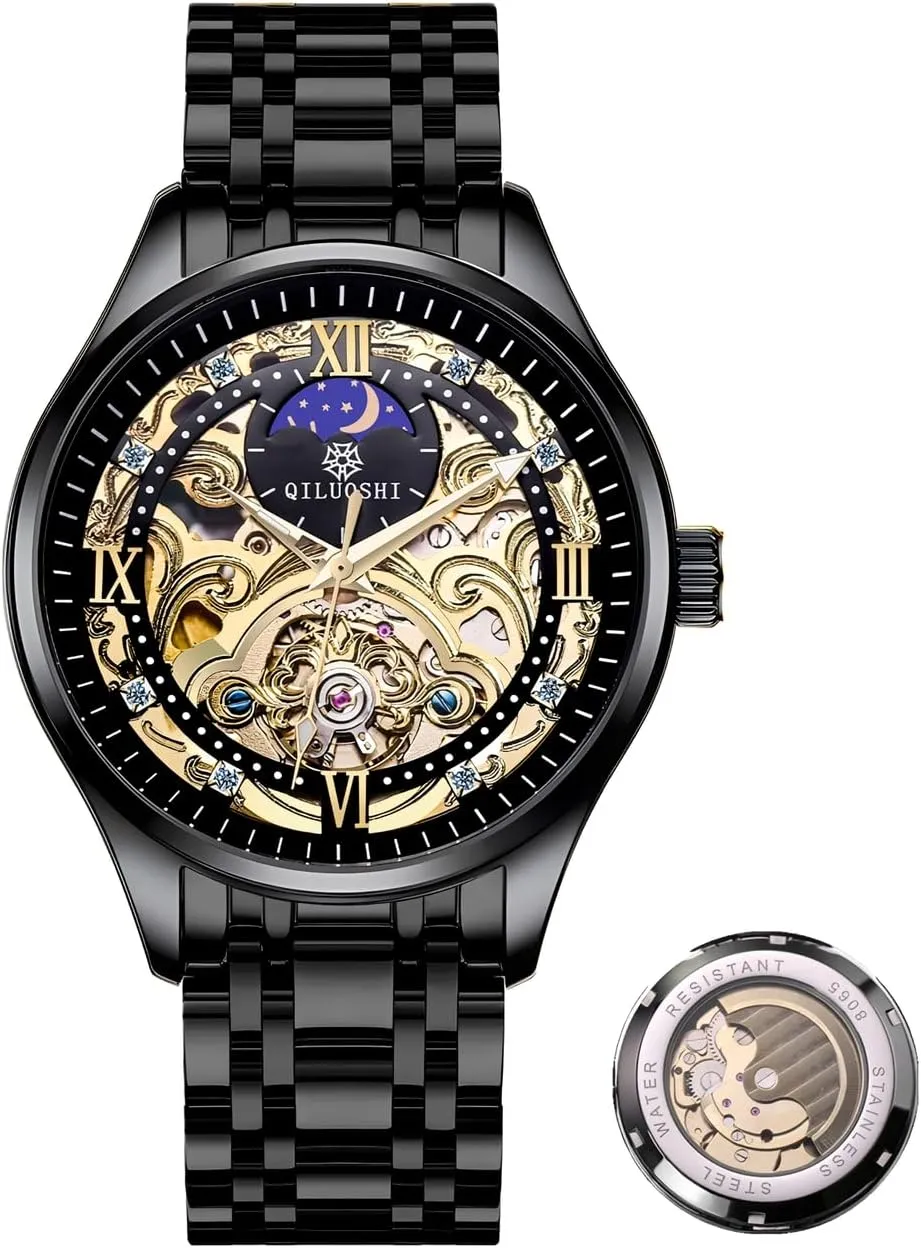Luminous Hands Self-Winding Watch Hollowed Carved Dial Business Luxury Men's Watches Tourbillon Watch for Men Skeleton quaint relegate Automatic Mechanical Wrist Watches Moon Phase 