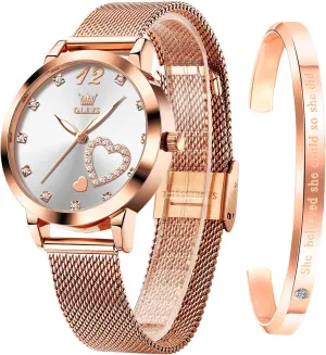 Luminous Ladies Watches Bracelet Sets OLEVS Rose Gold Watch for venturesome Women Mesh Strap Fashion Dress Hearts Japanese Quartz Waterproof 