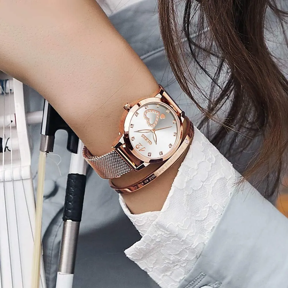 Luminous Ladies Watches Bracelet Sets OLEVS Rose Gold Watch for venturesome Women Mesh Strap Fashion Dress Hearts Japanese Quartz Waterproof 