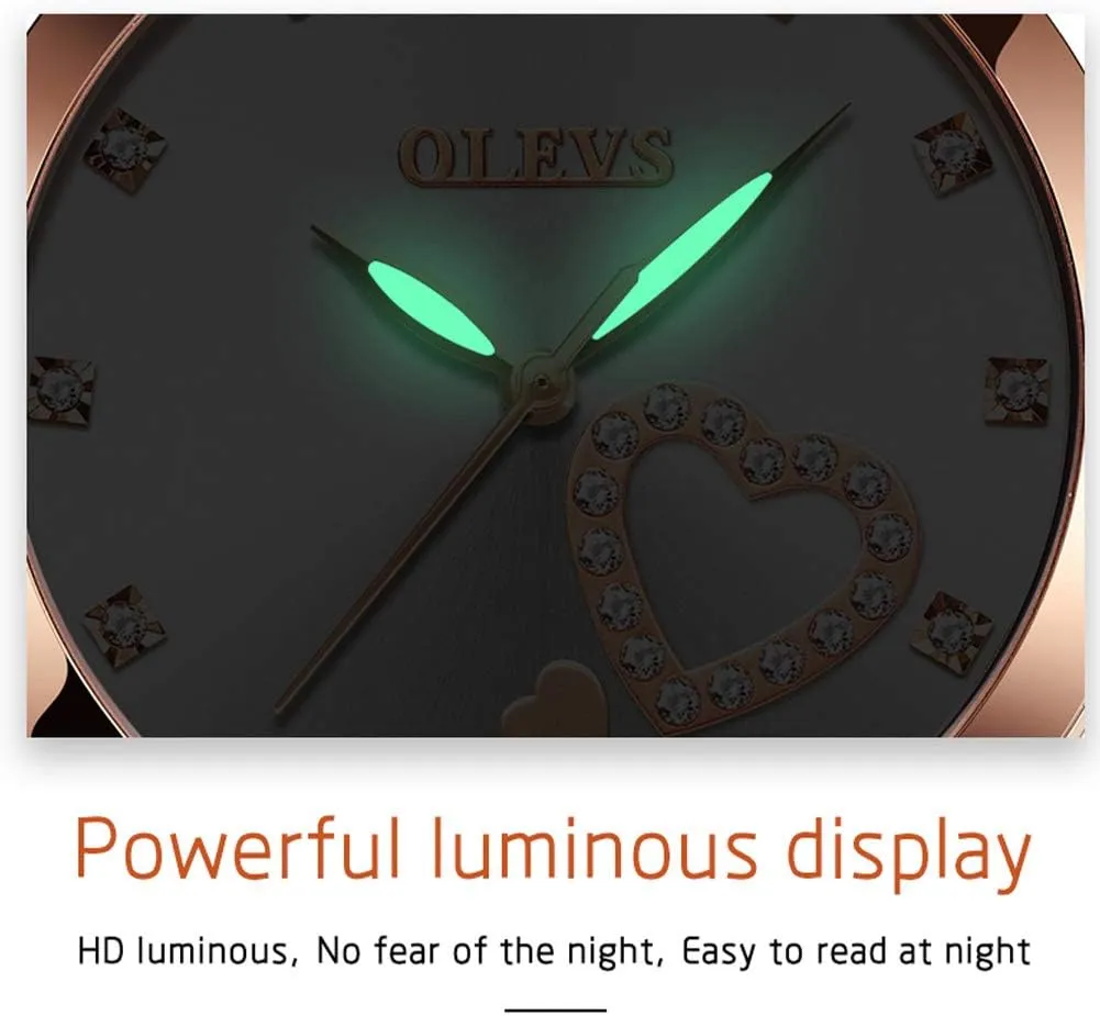 Luminous Ladies Watches Bracelet Sets OLEVS Rose Gold Watch for venturesome Women Mesh Strap Fashion Dress Hearts Japanese Quartz Waterproof 