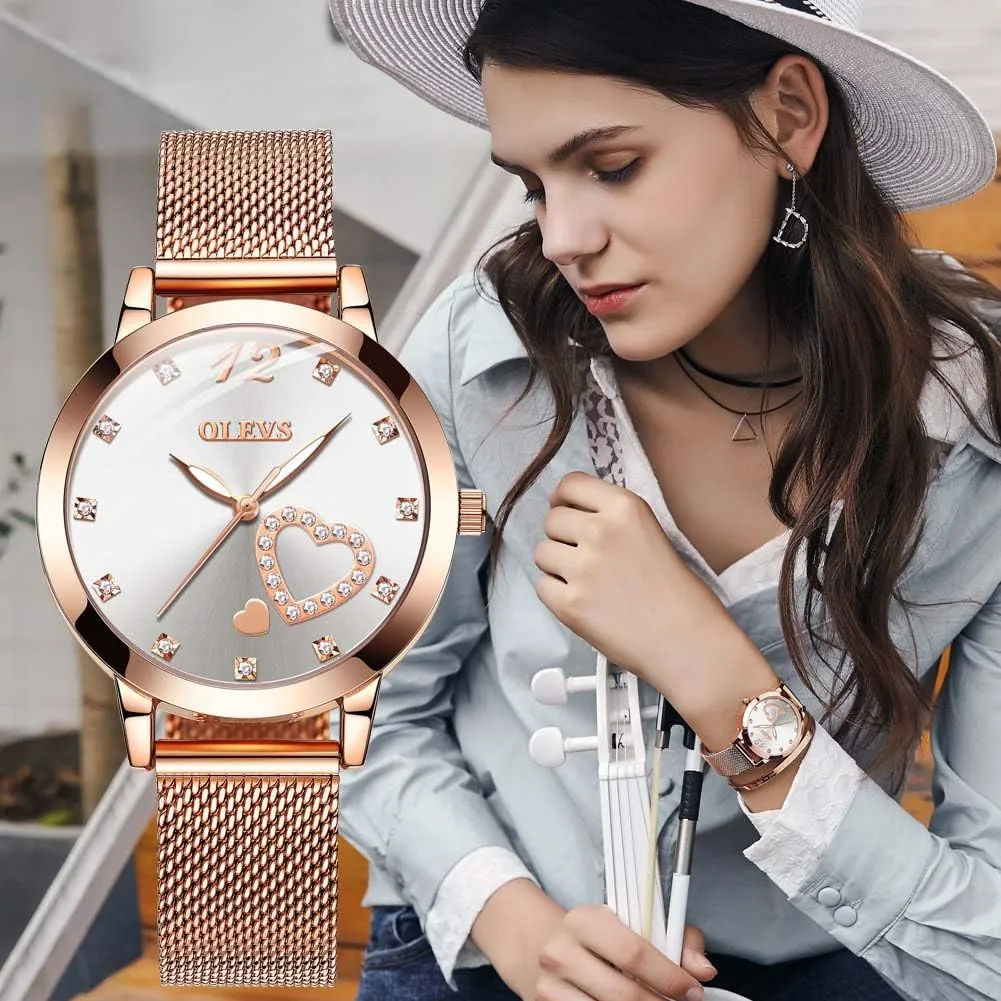Luminous Ladies Watches Bracelet Sets OLEVS Rose Gold Watch for venturesome Women Mesh Strap Fashion Dress Hearts Japanese Quartz Waterproof 