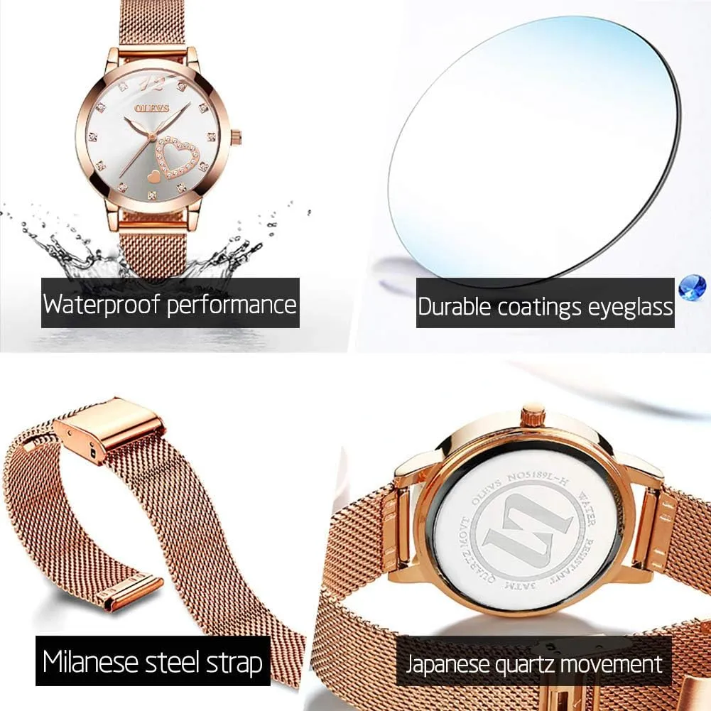 Luminous Ladies Watches Bracelet Sets OLEVS Rose Gold Watch for venturesome Women Mesh Strap Fashion Dress Hearts Japanese Quartz Waterproof 