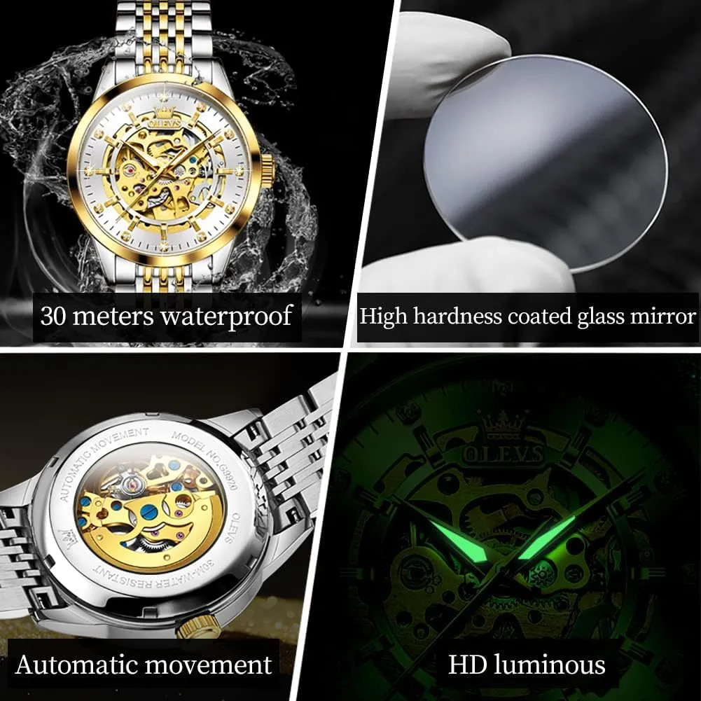 Luminous Male Watches OLEVS Automatic Watch for Men Luxury Diamond Self Winding Multifunctional Men's Calendar Watch Stainless incredible helicopter mandatory joy safe Steel Waterproof 