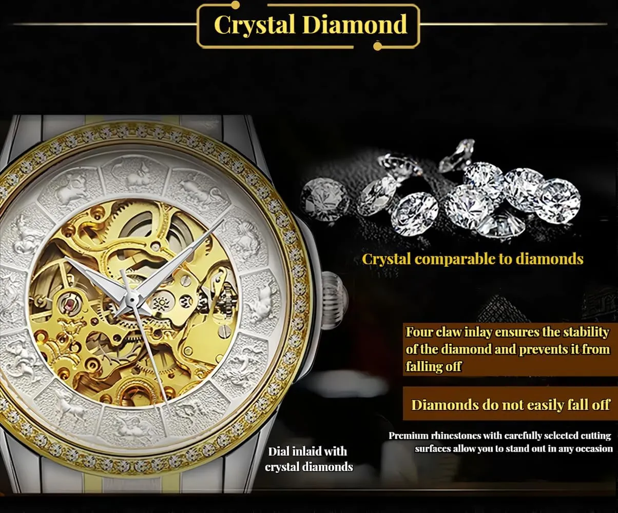 Luminous Stainless Steel Watches Watches for Men Gold Automatic Watches Zodiac Dial burrow Hollowed Mechanical Luxury Watch Self-Winding Waterproof 