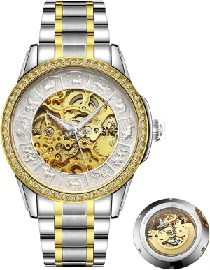 Luminous Stainless Steel Watches Watches for Men Gold Automatic Watches Zodiac Dial burrow Hollowed Mechanical Luxury Watch Self-Winding Waterproof 