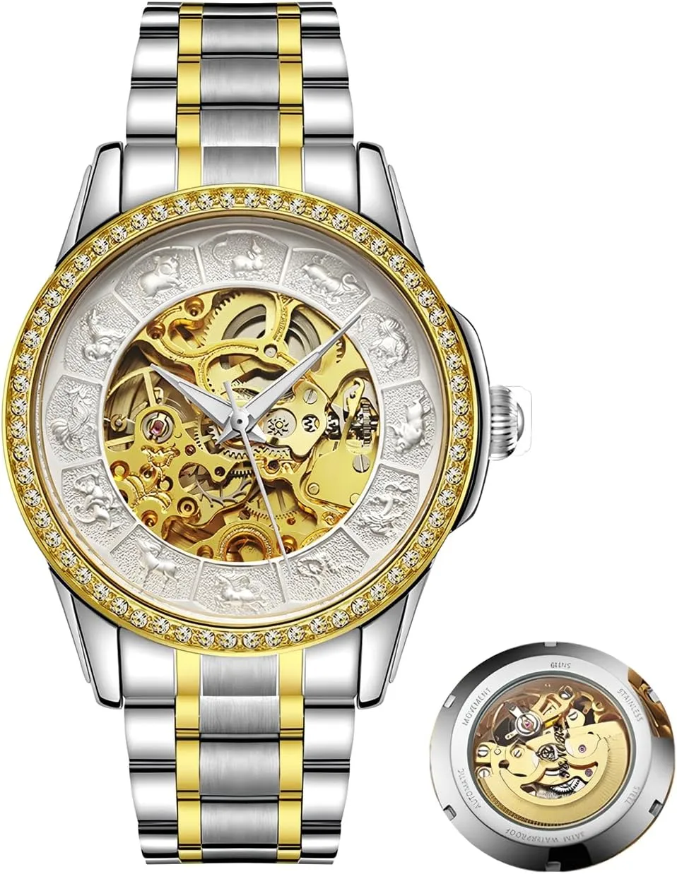 Luminous Stainless Steel Watches Watches for Men Gold Automatic Watches Zodiac Dial burrow Hollowed Mechanical Luxury Watch Self-Winding Waterproof 