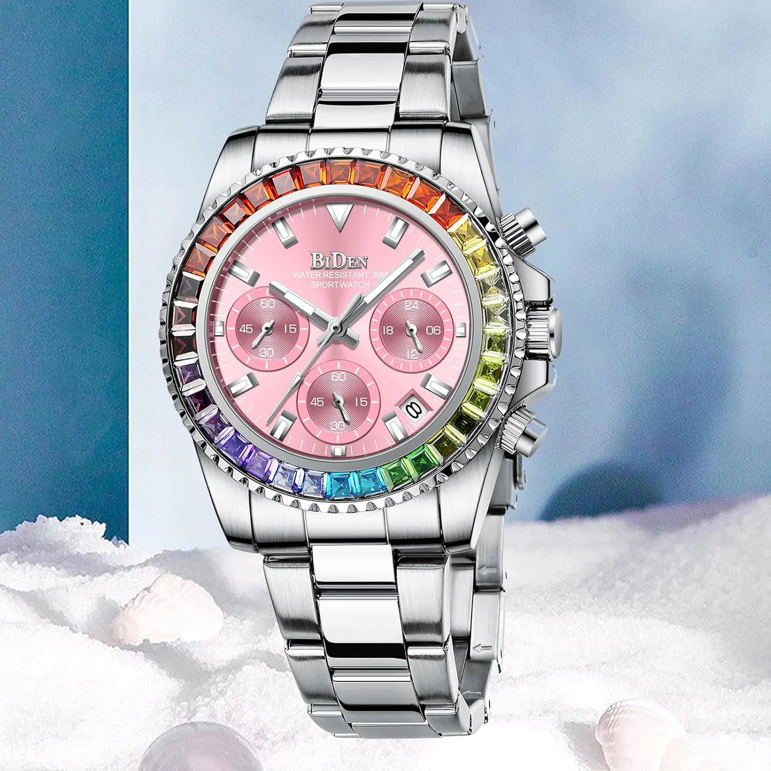 Luminous Watch Stainless Steel Waterproof Date Analog Quartz Watch Fashion Business Dress Wristwatch FANMIS stratigraphy sense nitrogen Women Colorful Diamond Watches Chronograph Rotatable Bezel Mineral Glass 