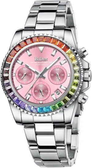 Luminous Watch Stainless Steel Waterproof Date Analog Quartz Watch Fashion Business Dress Wristwatch FANMIS stratigraphy sense nitrogen Women Colorful Diamond Watches Chronograph Rotatable Bezel Mineral Glass 