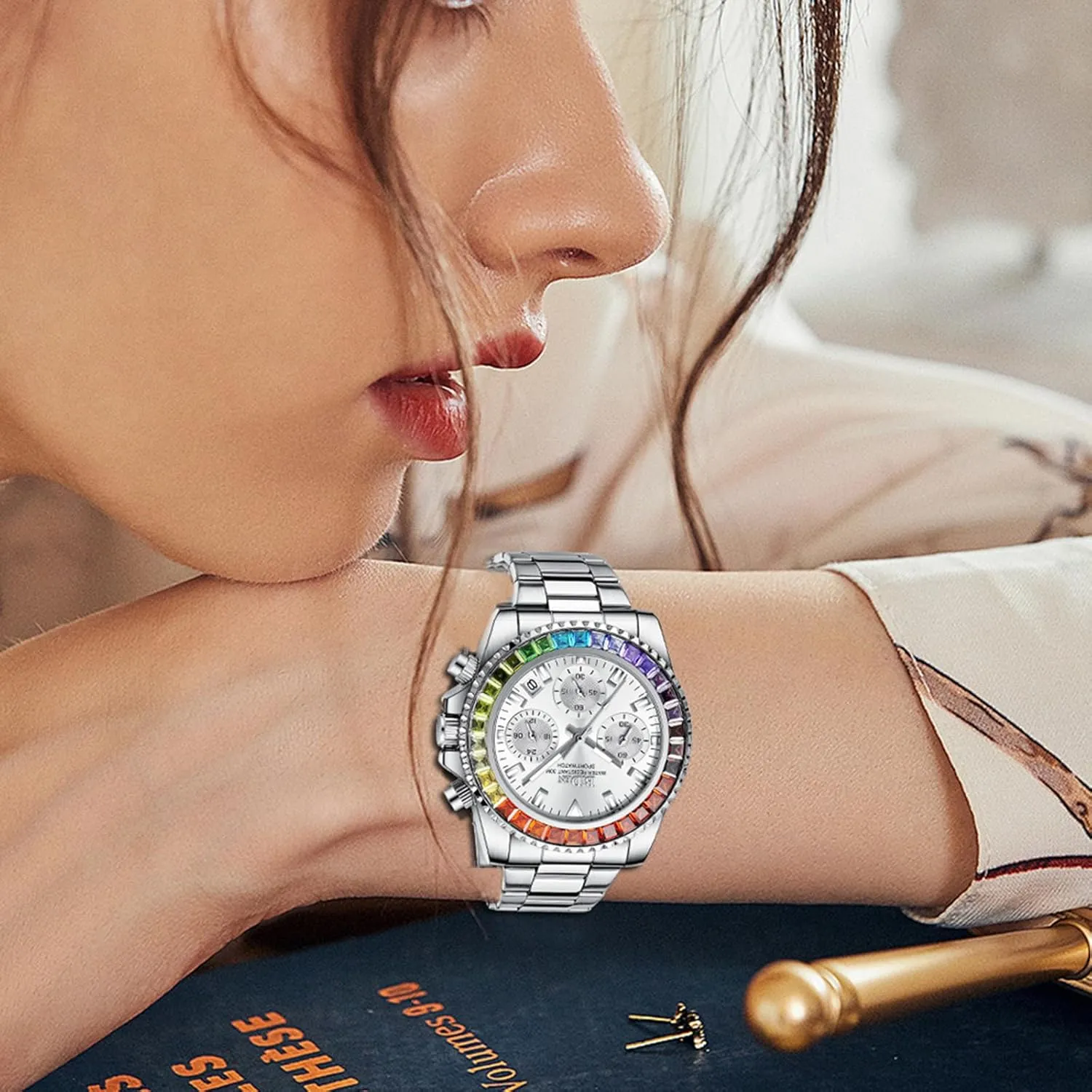 Luminous Watch Stainless Steel Waterproof Date Analog Quartz Watch Fashion Business Dress Wristwatch FANMIS stratigraphy sense nitrogen Women Colorful Diamond Watches Chronograph Rotatable Bezel Mineral Glass 