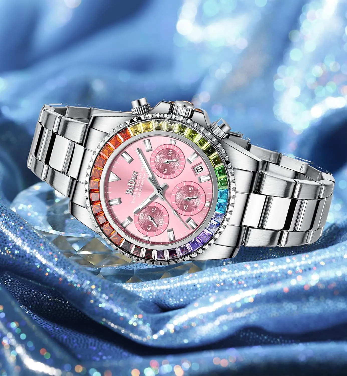 Luminous Watch Stainless Steel Waterproof Date Analog Quartz Watch Fashion Business Dress Wristwatch FANMIS stratigraphy sense nitrogen Women Colorful Diamond Watches Chronograph Rotatable Bezel Mineral Glass 
