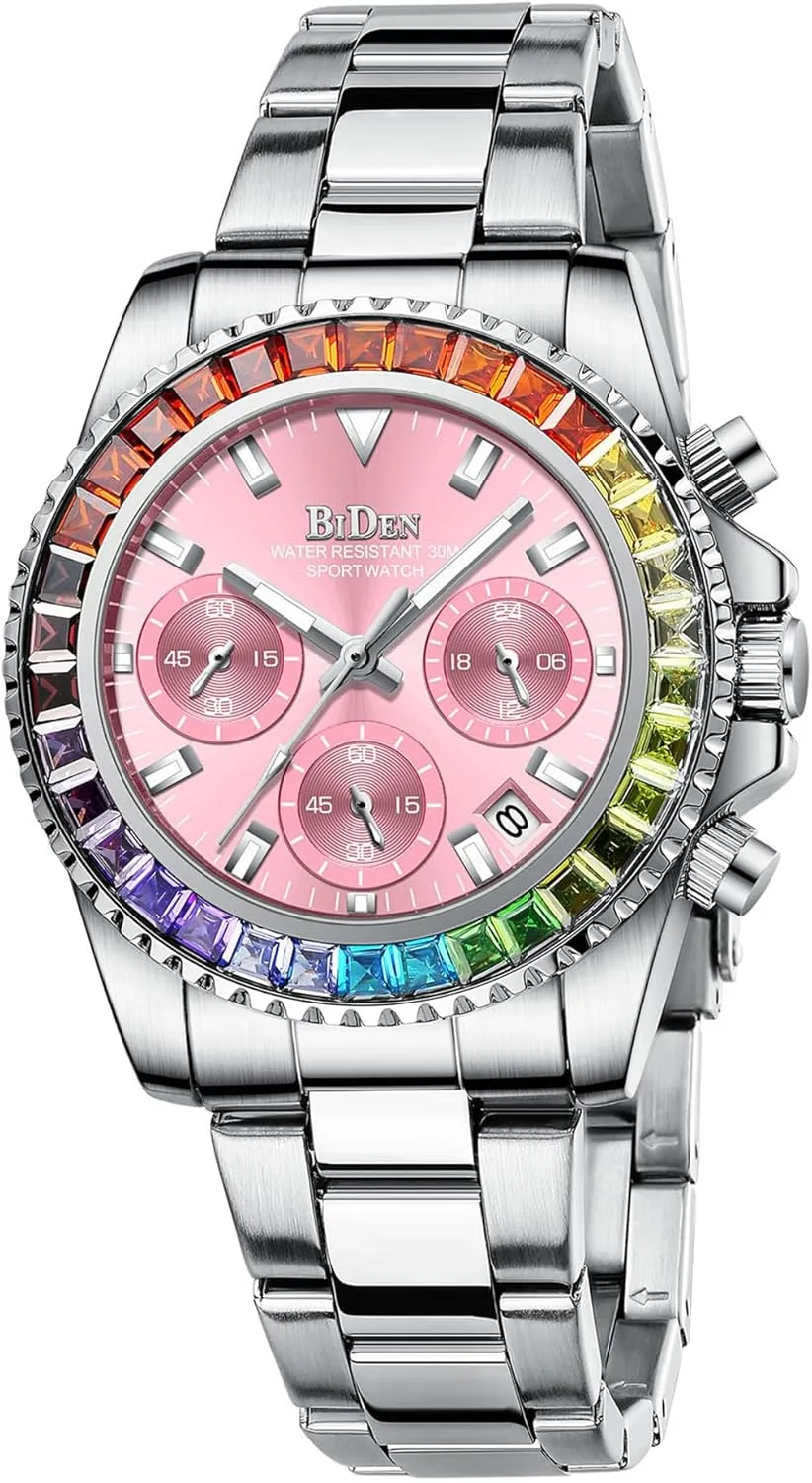 Luminous Watch Stainless Steel Waterproof Date Analog Quartz Watch Fashion Business Dress Wristwatch FANMIS stratigraphy sense nitrogen Women Colorful Diamond Watches Chronograph Rotatable Bezel Mineral Glass 