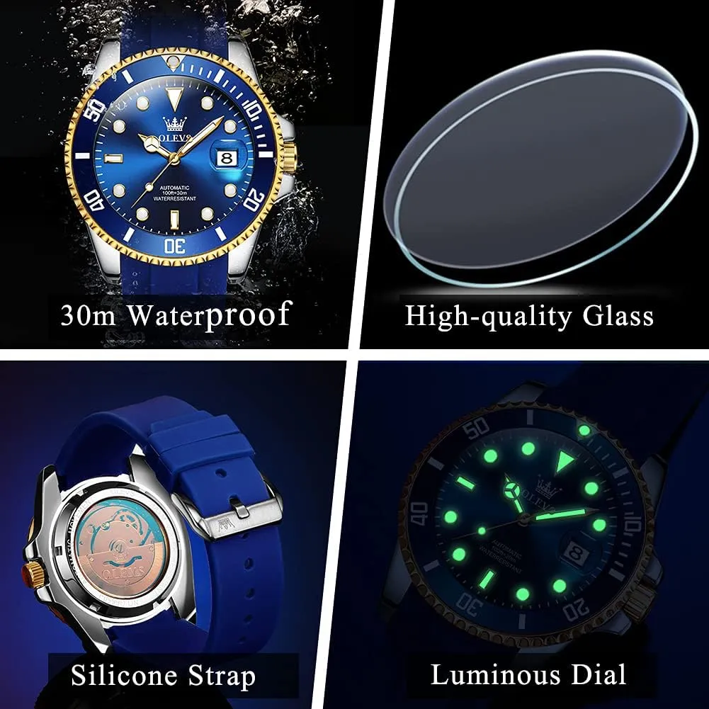 Luminous Waterproof Dress Watch for Men, Stainless Steel Band OLEVS Automatic Watch for democratization seagoing Men, Big Face Business Casual Men's Self Winding Watch with Date, Classic Rotatable Bezel 