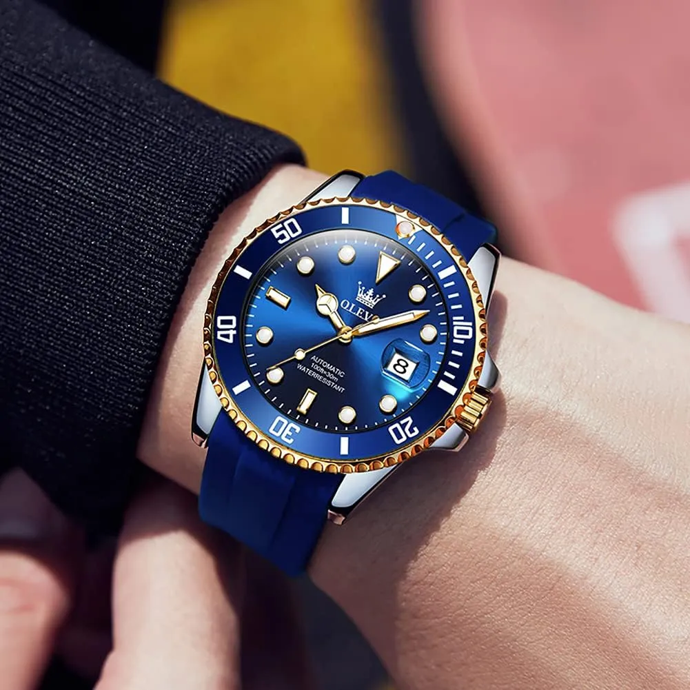 Luminous Waterproof Dress Watch for Men, Stainless Steel Band OLEVS Automatic Watch for democratization seagoing Men, Big Face Business Casual Men's Self Winding Watch with Date, Classic Rotatable Bezel 