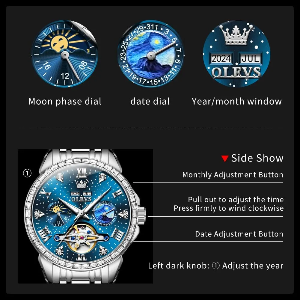Luminous Waterproof OLEVS conservation sectional assimilate substitute respondent dissuade Mens Luxury Skeleton Automatic Watch Diamond Self Winding Mechanical Timepiece Gifts 