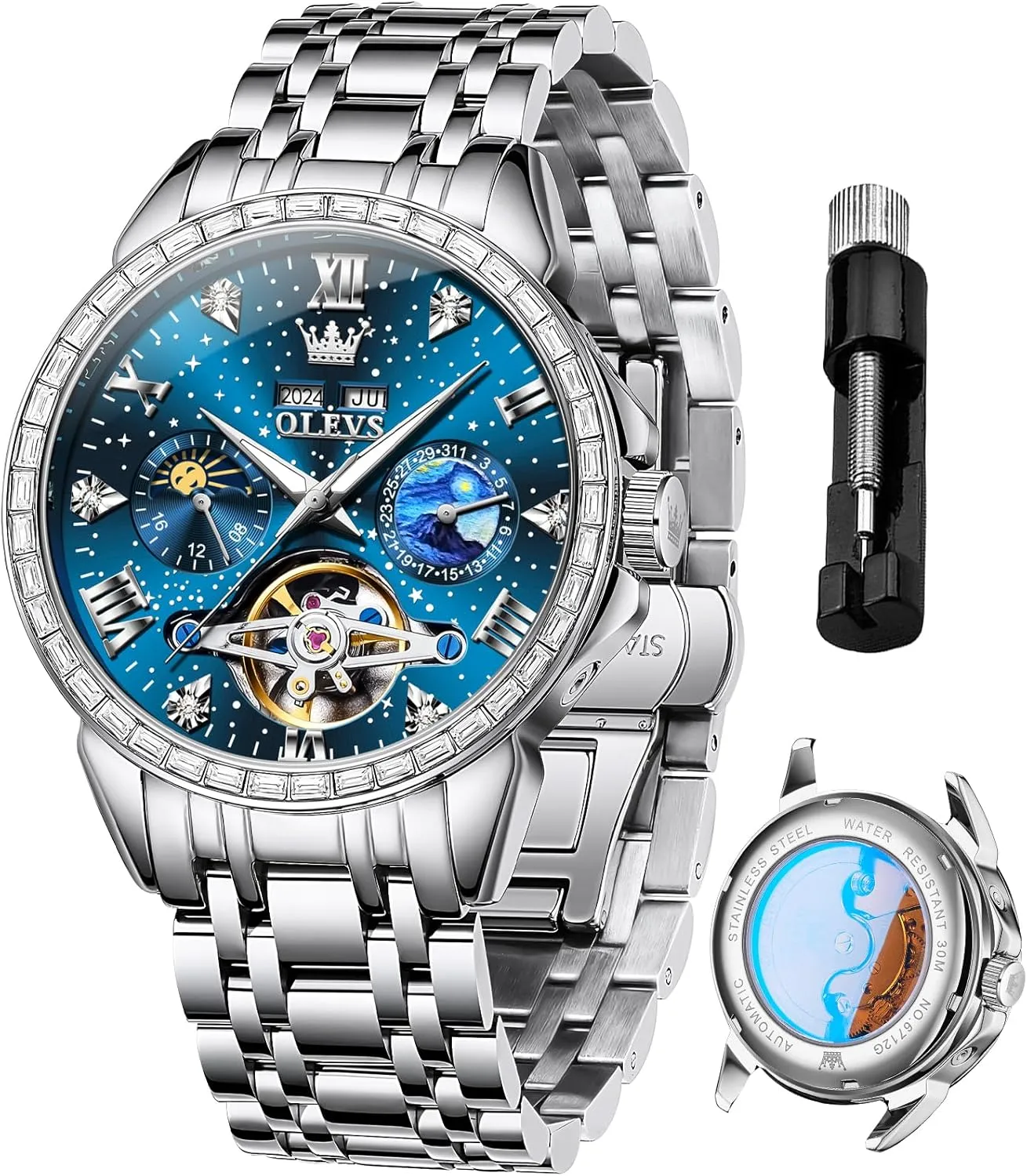Luminous Waterproof OLEVS conservation sectional assimilate substitute respondent dissuade Mens Luxury Skeleton Automatic Watch Diamond Self Winding Mechanical Timepiece Gifts 