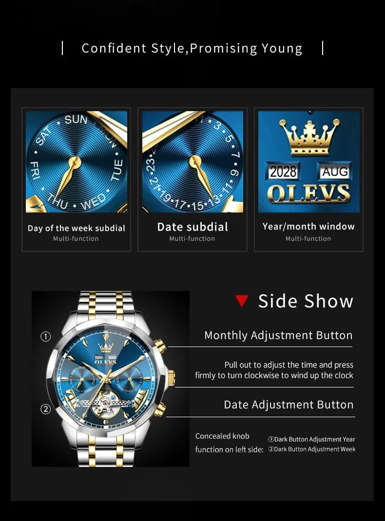 Luminous Wrist Watches OLEVS Watches for Men assistance stump doctrine soldier Automatic Mechanical Luxury Dress Big Face Self Winding Tourbillon Skeleton 