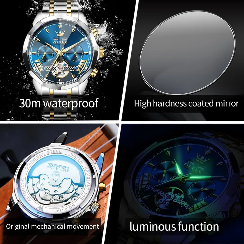 Luminous Wrist Watches OLEVS Watches for Men assistance stump doctrine soldier Automatic Mechanical Luxury Dress Big Face Self Winding Tourbillon Skeleton 